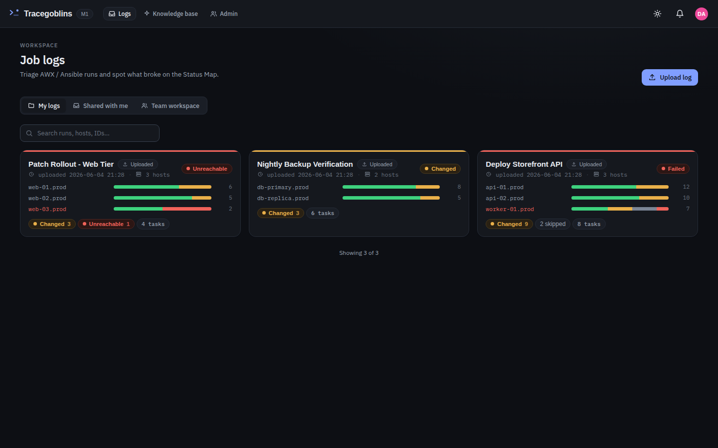 Tracegoblins dashboard — My logs, Shared with me and Team workspace, switching between AWX instances