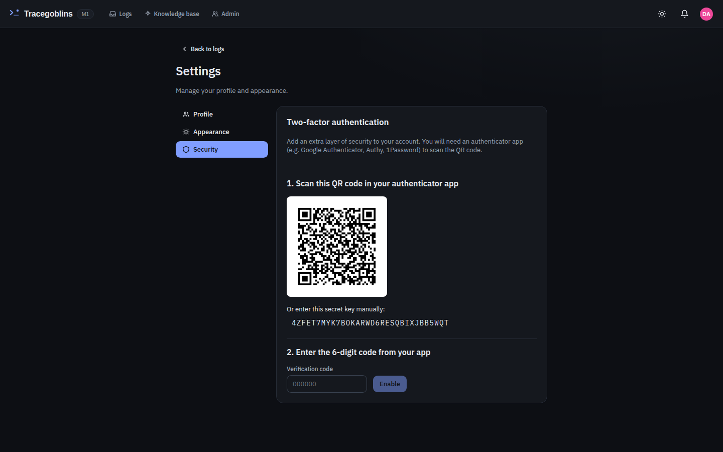 Tracegoblins two-factor authentication setup — TOTP enrollment with one-time recovery codes
