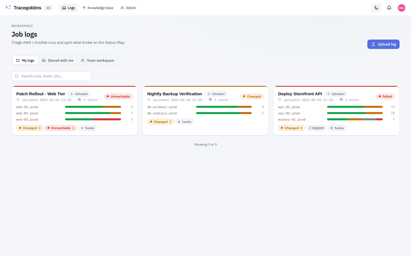 Tracegoblins in light mode — the dashboard with the same semantic status palette